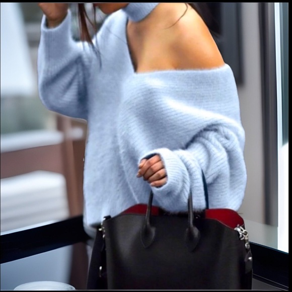 Rare Choker Loose SOO Soft Plush Open Shoulder light Baby Blue Sweater - Picture 2 of 12